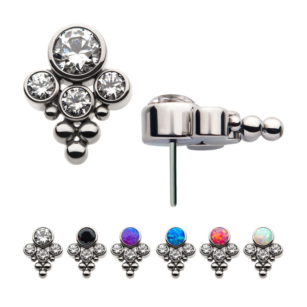 Titanium Threadless 4-Bezel Set Synthetic Opal/AAA Gem/Swarovski Zirconia & Beads Cluster Top