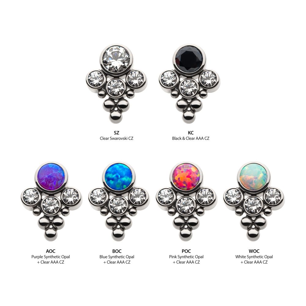 Titanium Threadless 4-Bezel Set Synthetic Opal/AAA Gem/Swarovski Zirconia & Beads Cluster Top