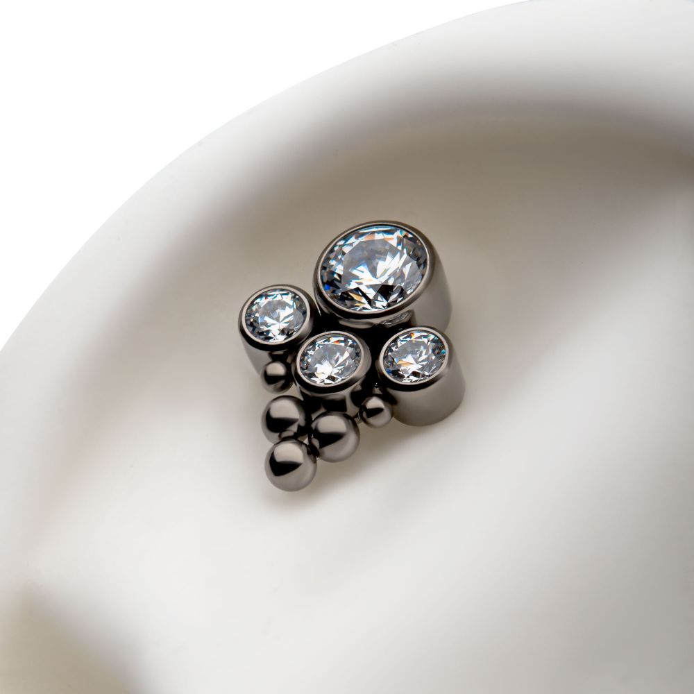 Titanium Threadless 4-Bezel Set Synthetic Opal/AAA Gem/Swarovski Zirconia & Beads Cluster Top