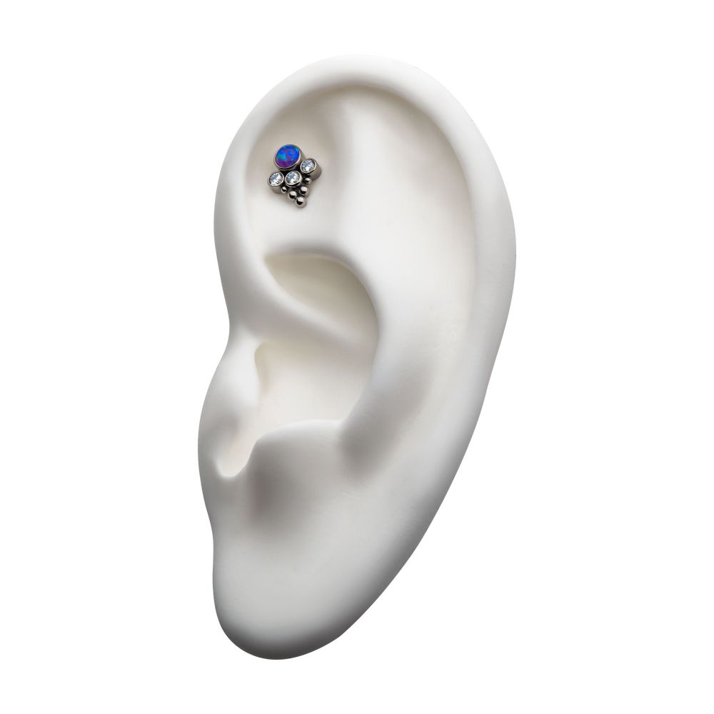 Titanium Threadless 4-Bezel Set Synthetic Opal/AAA Gem/Swarovski Zirconia & Beads Cluster Top