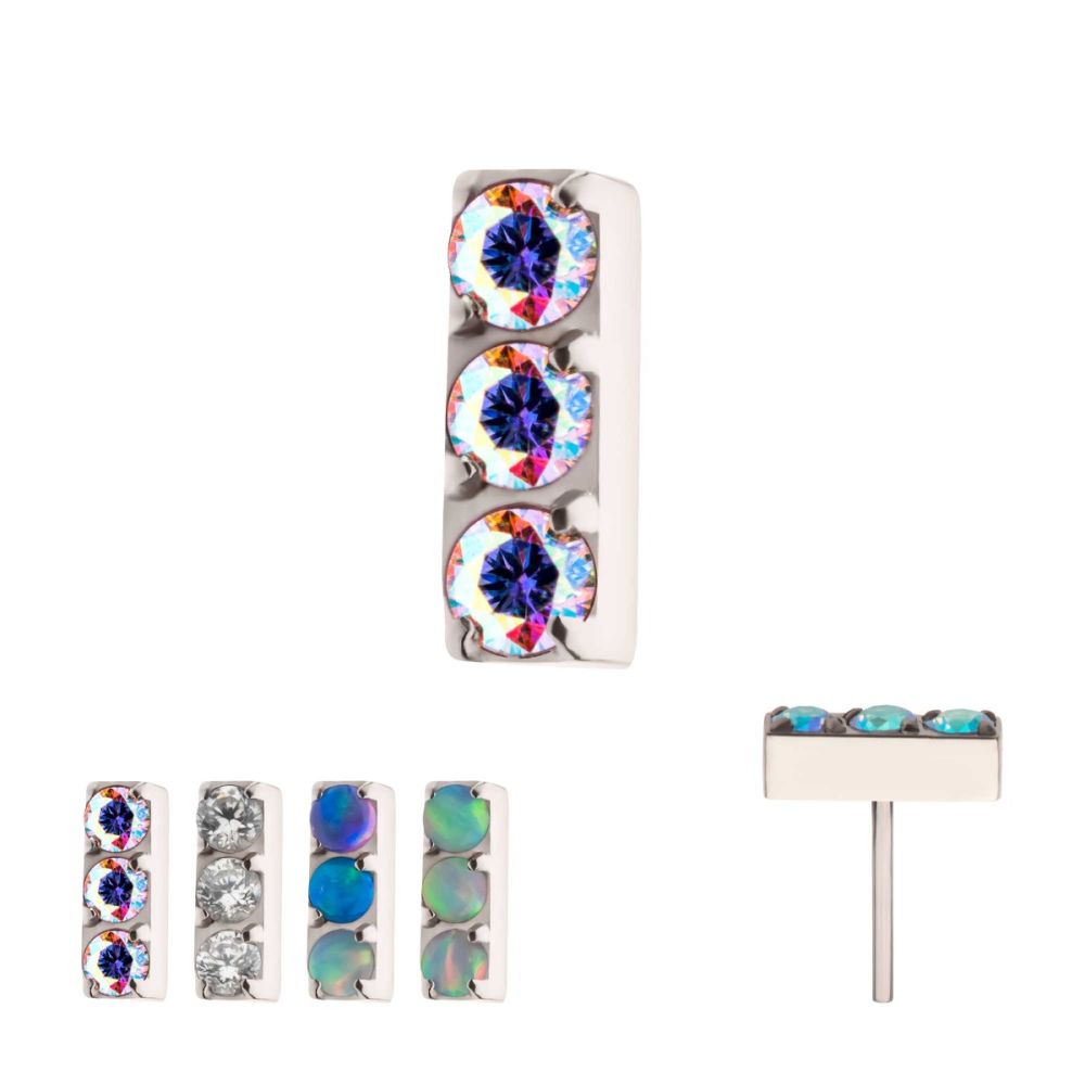 Titanium Threadless Prong Set Crystal/CZ/Opal 3-Cluster Bar Top