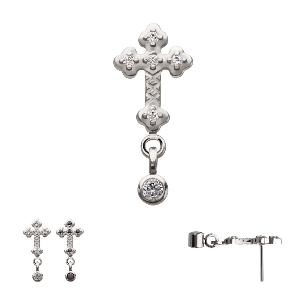 Titanium Threadless Milgrain Edge Prong Set CZ Gem Cross Top with Dangle Bezel Gem