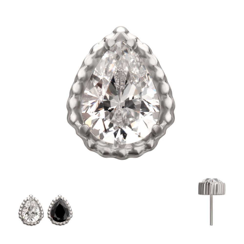 Titanium Threadless Beaded Edge Prong Set Teardrop CZ Gem Top