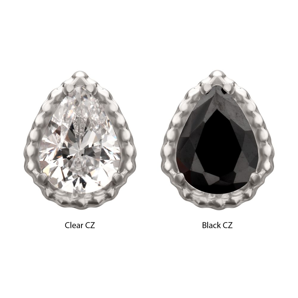 Titanium Threadless Beaded Edge Prong Set Teardrop CZ Gem Top