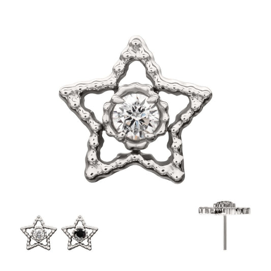 Titanium Threadless Milgrain Edge Star Top with Prong Set CZ Gem
