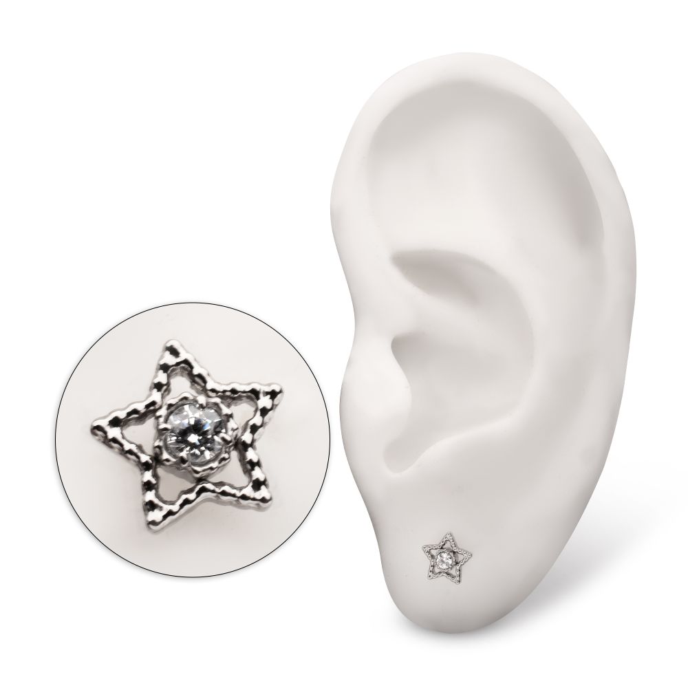 Titanium Threadless Milgrain Edge Star Top with Prong Set CZ Gem