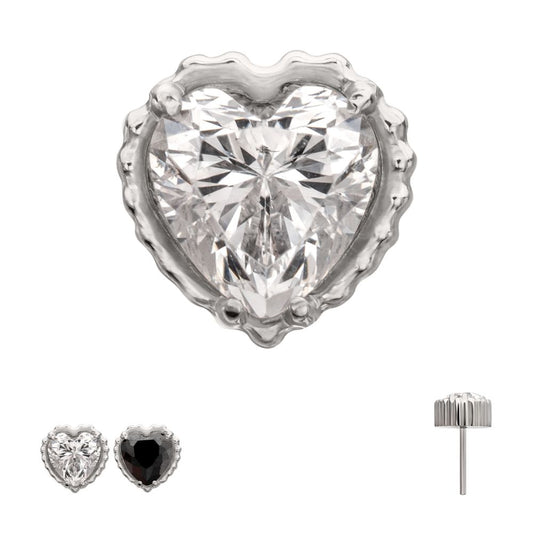 Titanium Threadless Beaded Edge Prong Set Heart CZ Gem Top