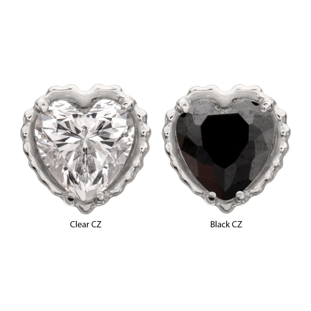 Titanium Threadless Beaded Edge Prong Set Heart CZ Gem Top
