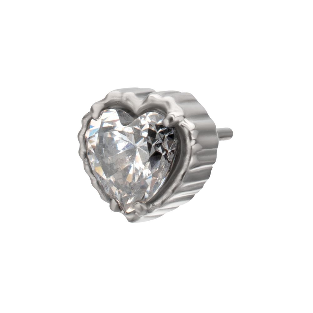 Titanium Threadless Beaded Edge Prong Set Heart CZ Gem Top