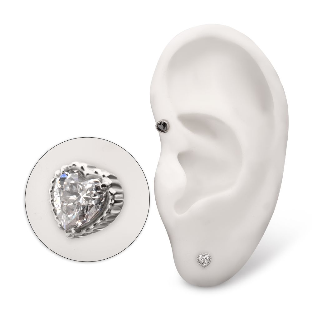 Titanium Threadless Beaded Edge Prong Set Heart CZ Gem Top