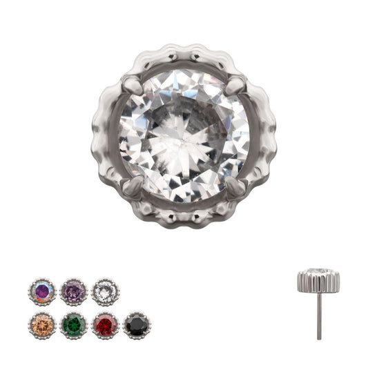 Titanium Threadless Beaded Edge Prong Set CZ Round Gem Top