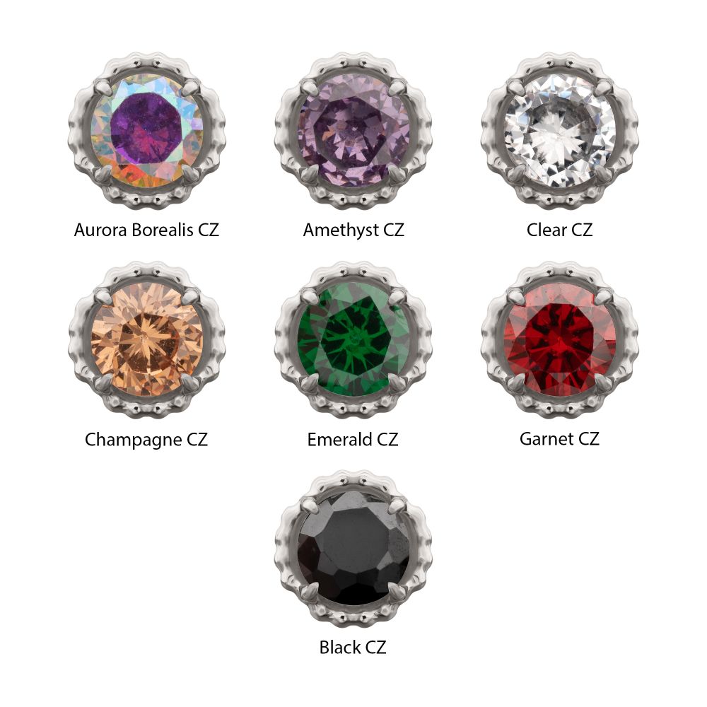 Titanium Threadless Beaded Edge Prong Set CZ Round Gem Top
