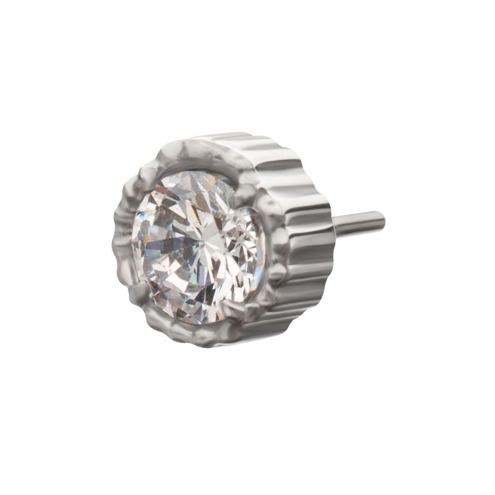 Titanium Threadless Beaded Edge Prong Set CZ Round Gem Top