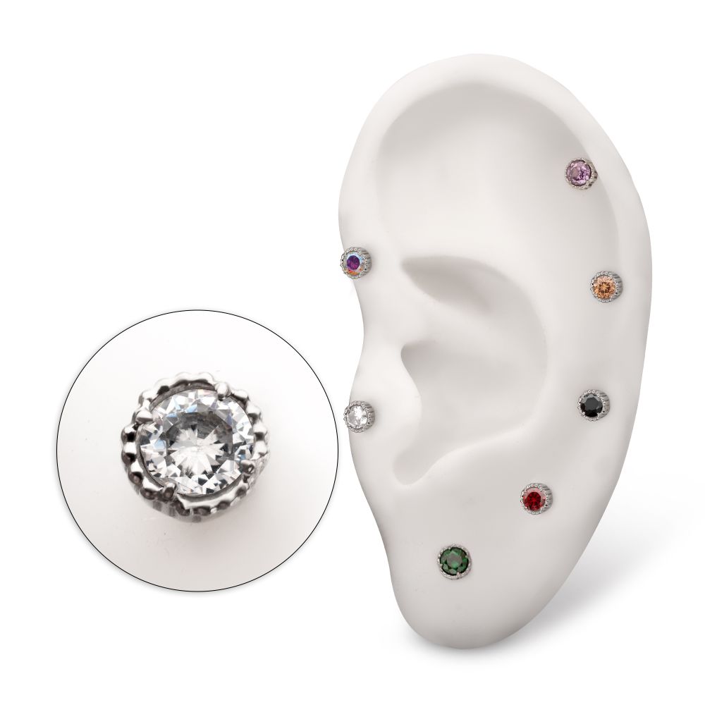 Titanium Threadless Beaded Edge Prong Set CZ Round Gem Top