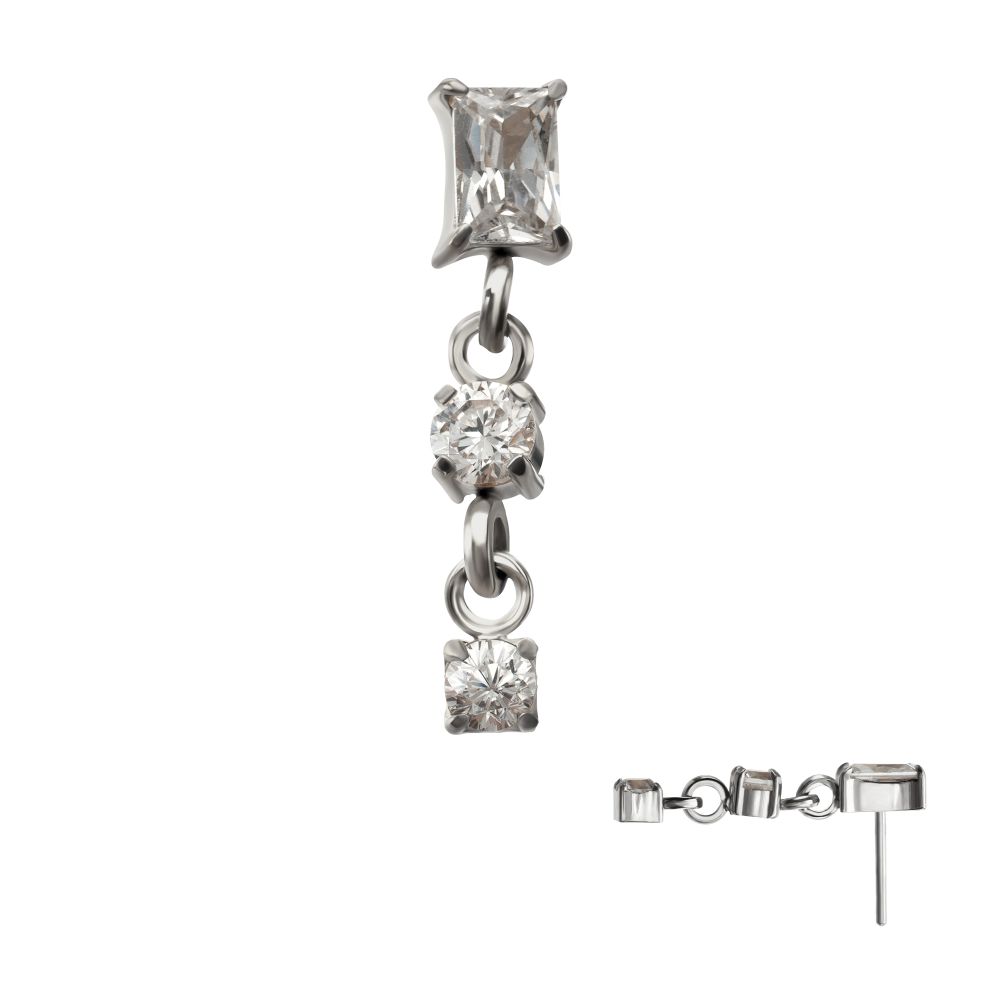 Titanium Threadless Prong Set Gem Baguette Top with Double Round Gem Dangle