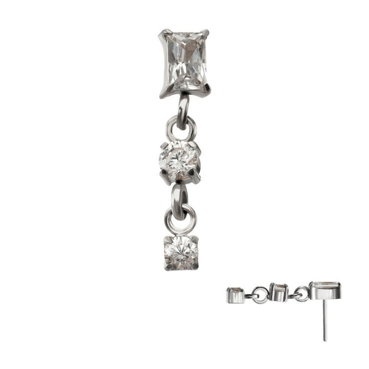 Titanium Threadless Prong Set Gem Baguette Top with Double Round Gem Dangle