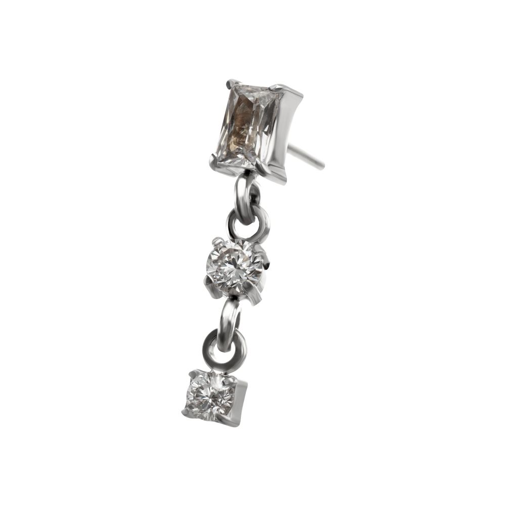 Titanium Threadless Prong Set Gem Baguette Top with Double Round Gem Dangle