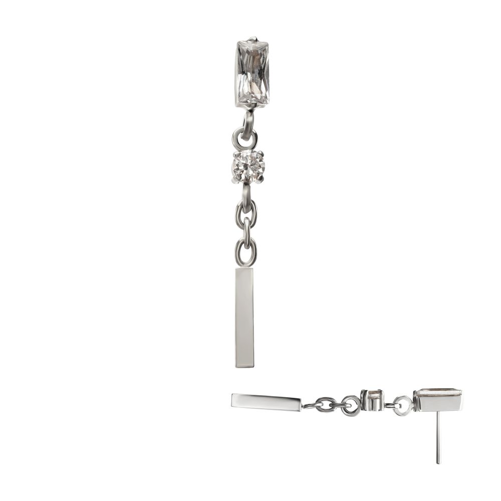 Titanium Threadless Prong Set Gem Baguette Top with Round Gem & Bar Dangle