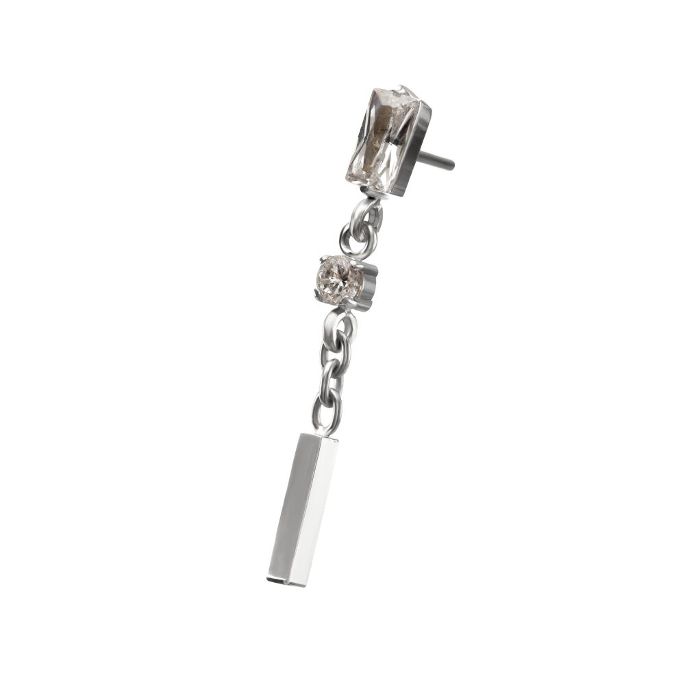 Titanium Threadless Prong Set Gem Baguette Top with Round Gem & Bar Dangle