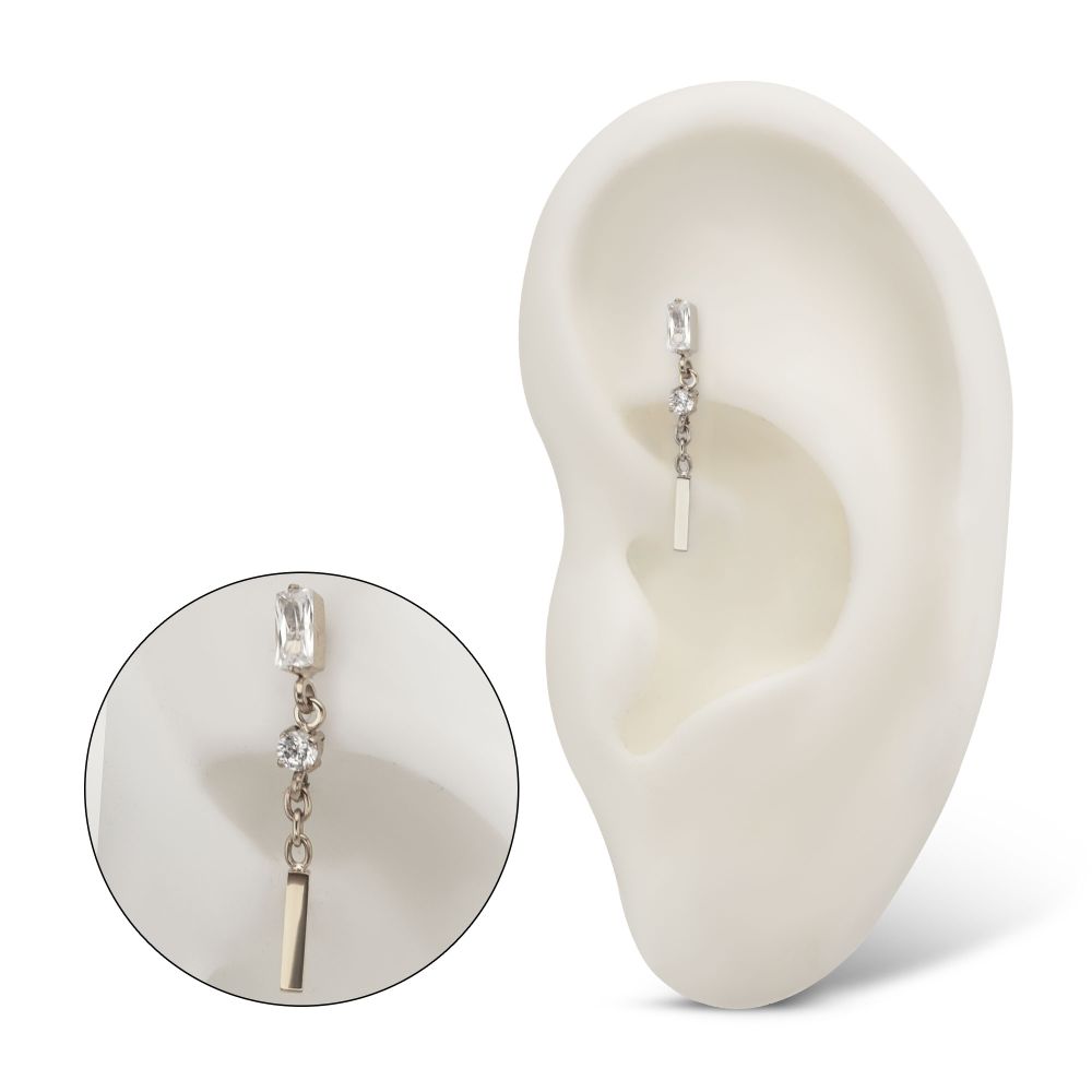 Titanium Threadless Prong Set Gem Baguette Top with Round Gem & Bar Dangle