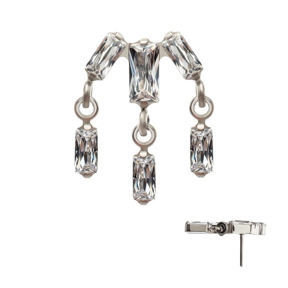 Titanium Threadless 3-Cluster Baguette Prong Set Gem Top with Dangle Gem