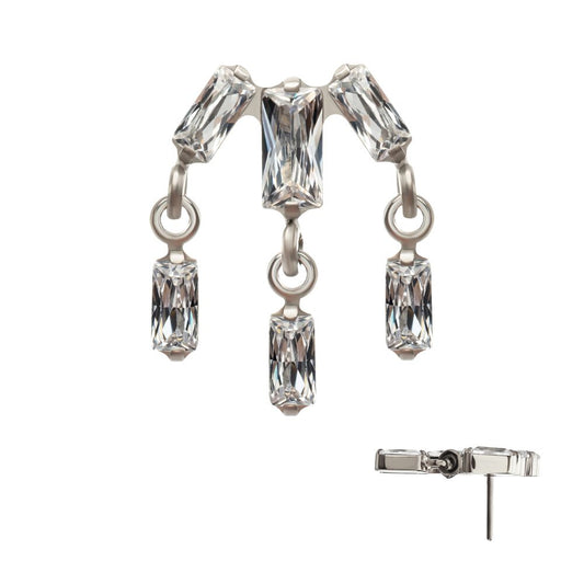 Titanium Threadless 3-Cluster Baguette Prong Set Gem Top with Dangle Gem