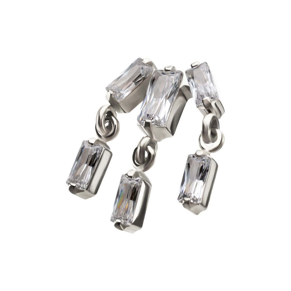 Titanium Threadless 3-Cluster Baguette Prong Set Gem Top with Dangle Gem