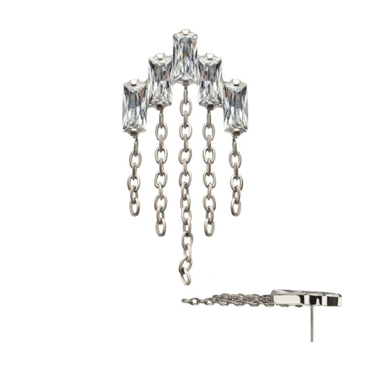 Titanium Threadless 5-Cluster Baguette Prong Set Gem Top with Chain Dangle