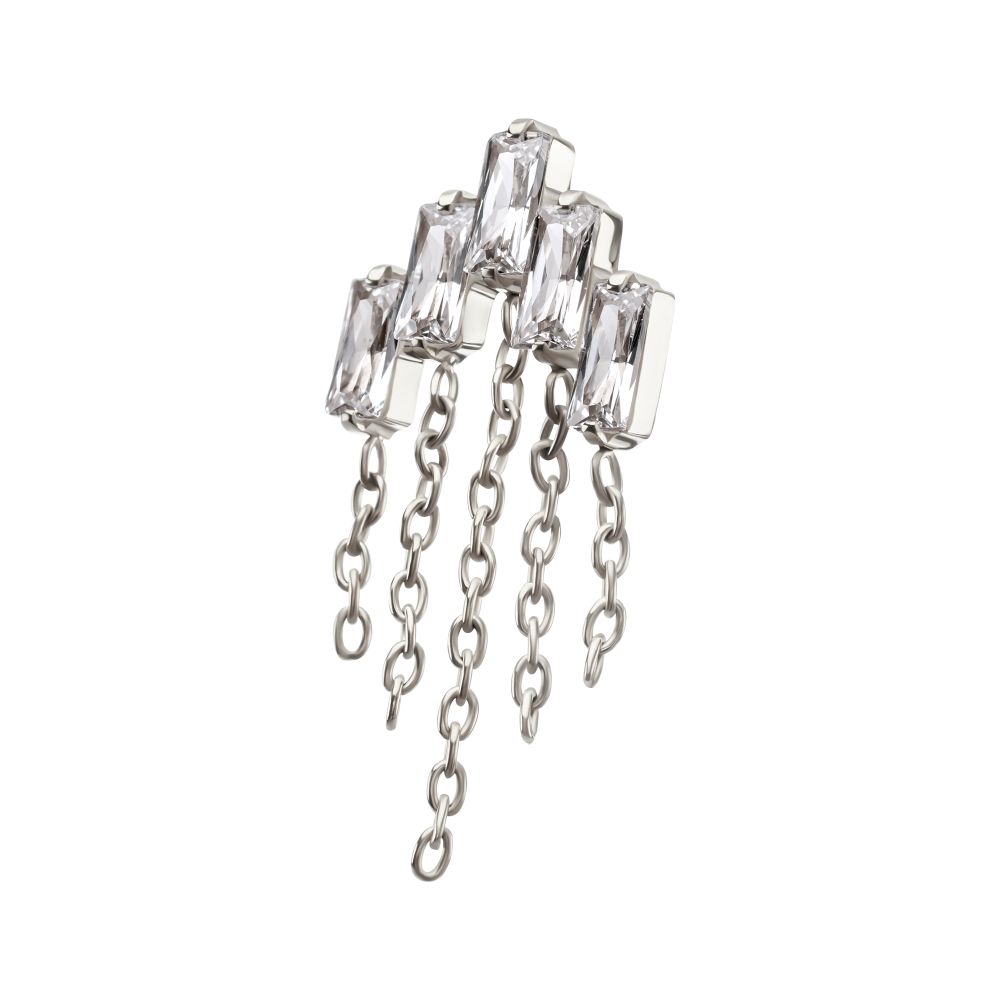Titanium Threadless 5-Cluster Baguette Prong Set Gem Top with Chain Dangle