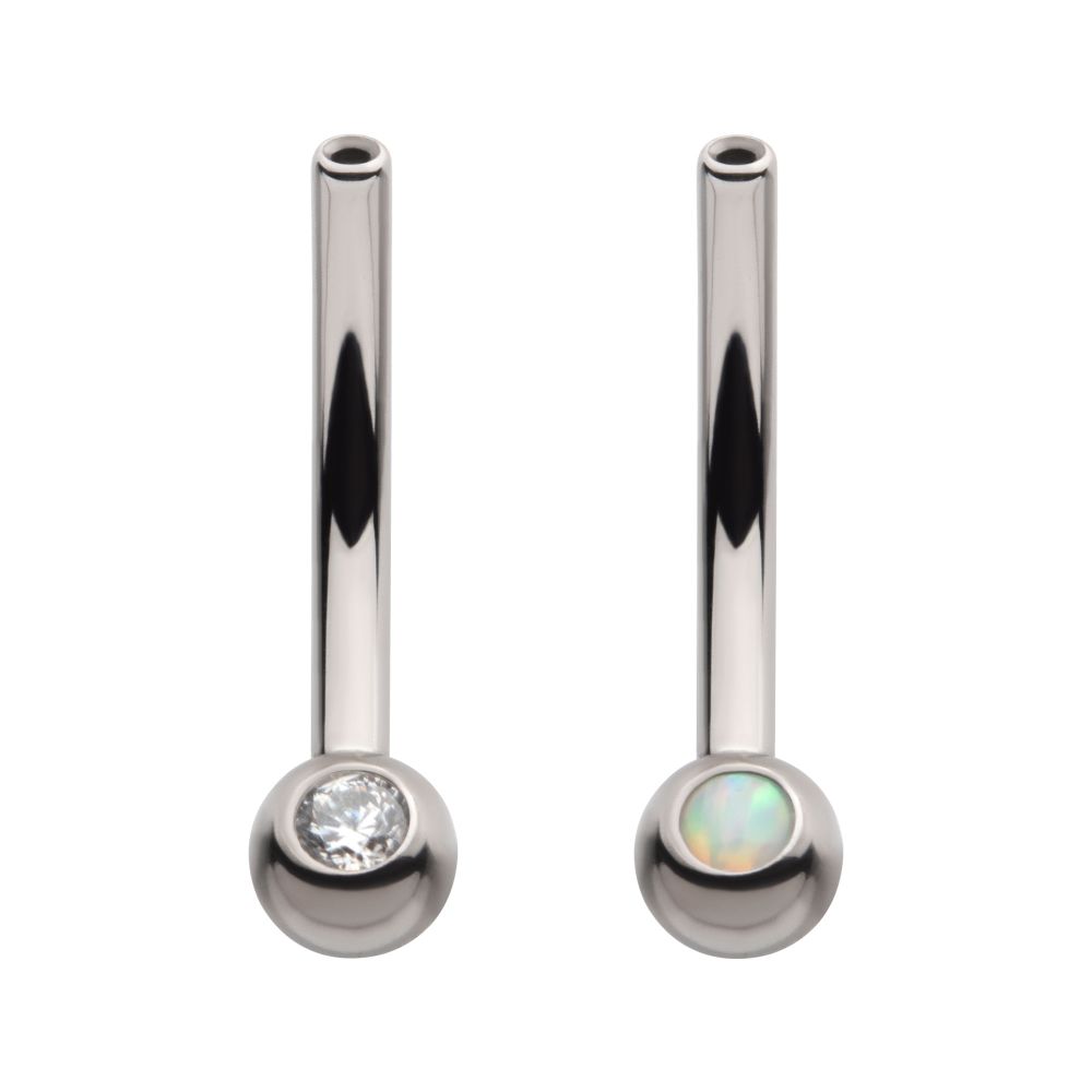 Titanium Threadless with Bezel Set CZ/Opal Fixed Ball Bottom Curved Barbell