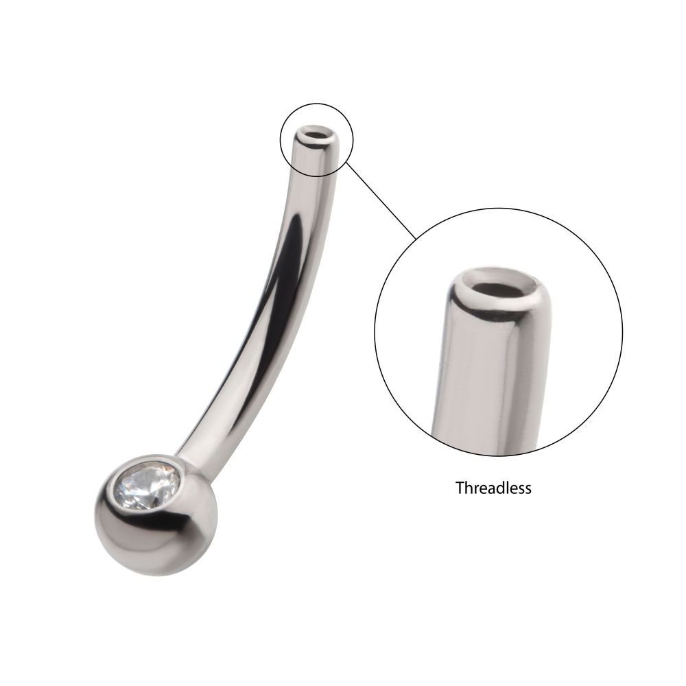 Titanium Threadless with Bezel Set CZ/Opal Fixed Ball Bottom Curved Barbell