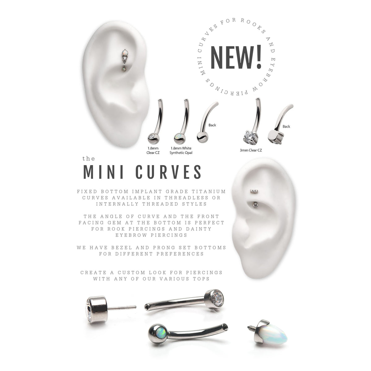 Titanium Threadless Fixed Bottom Prong Set Gem Curved Barbell