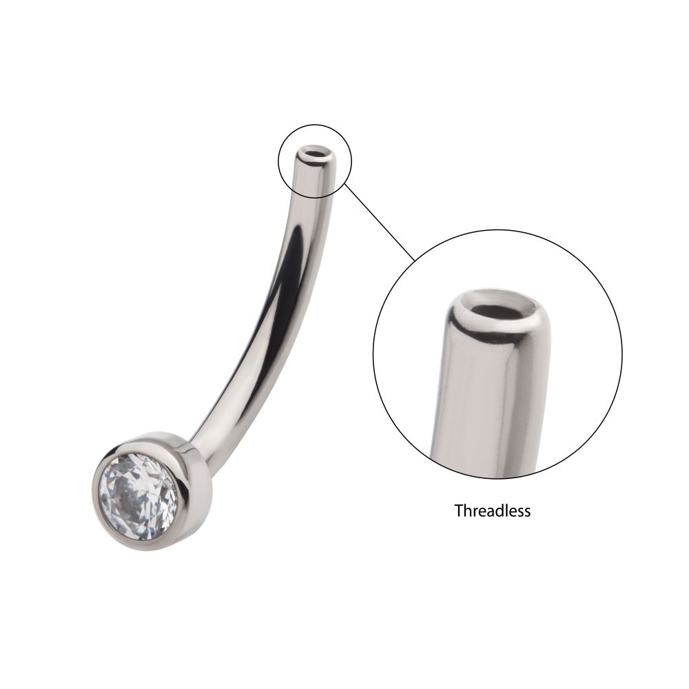 Titanium Threadless with Bezel Set CZ Fixed Disc Bottom Curved Barbell