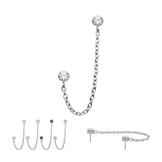 Titanium Threadless Double Bezel Set Gem Top with Rolo Chain Dangle