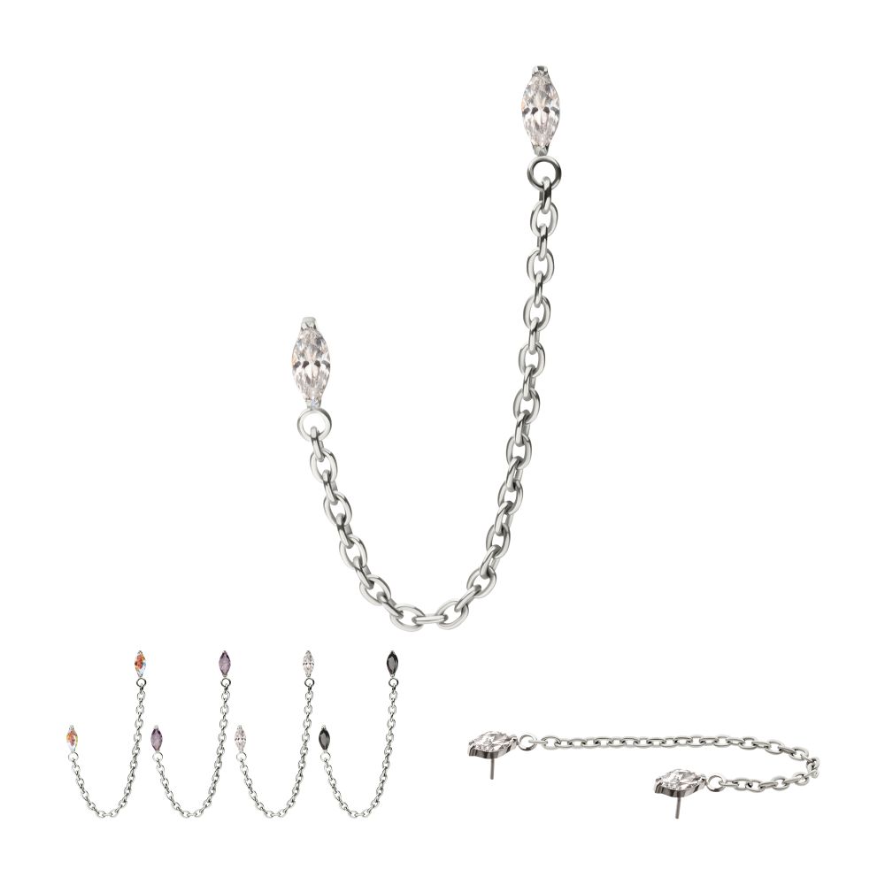 Titanium Threadless Double Prong Set Marquise Gem Top with Rolo Chain Dangle