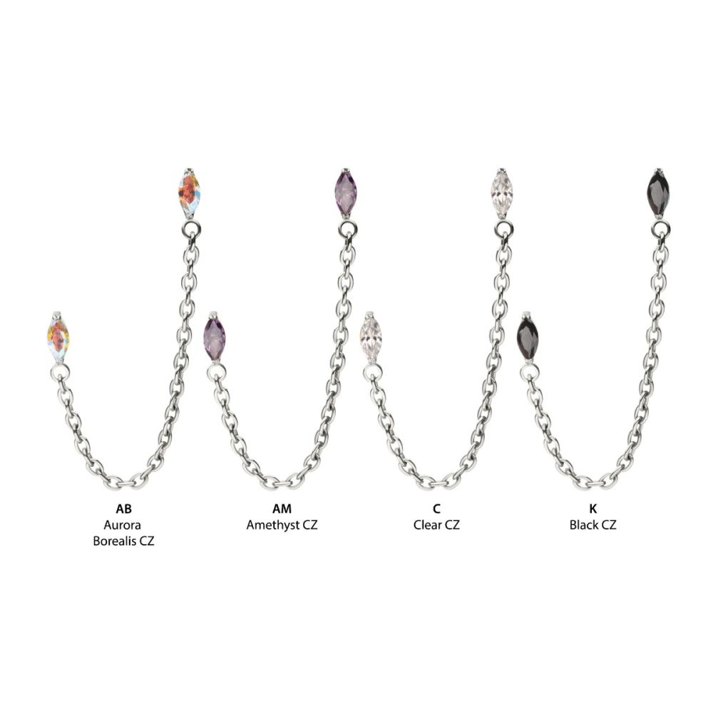 Titanium Threadless Double Prong Set Marquise Gem Top with Rolo Chain Dangle