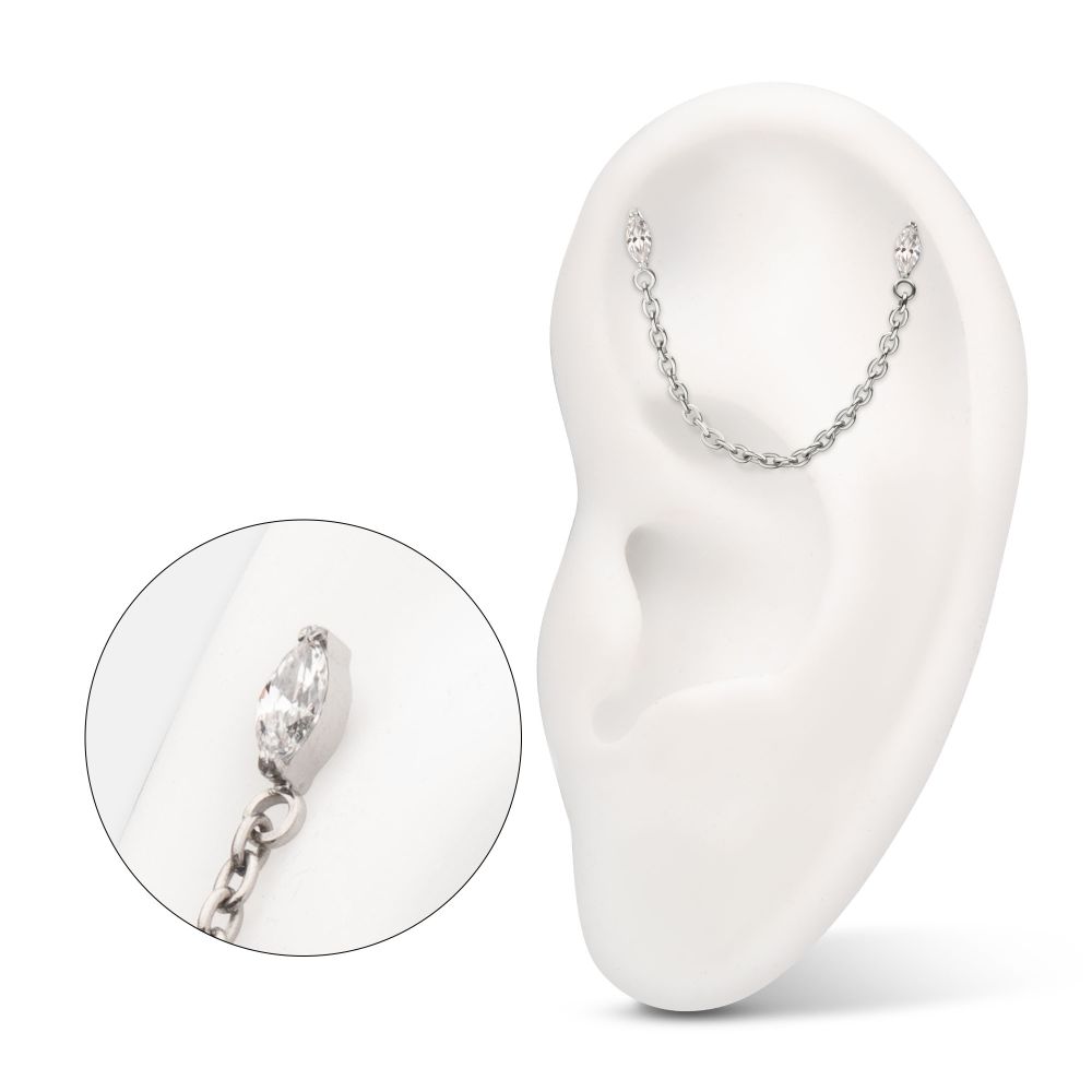 Titanium Threadless Double Prong Set Marquise Gem Top with Rolo Chain Dangle