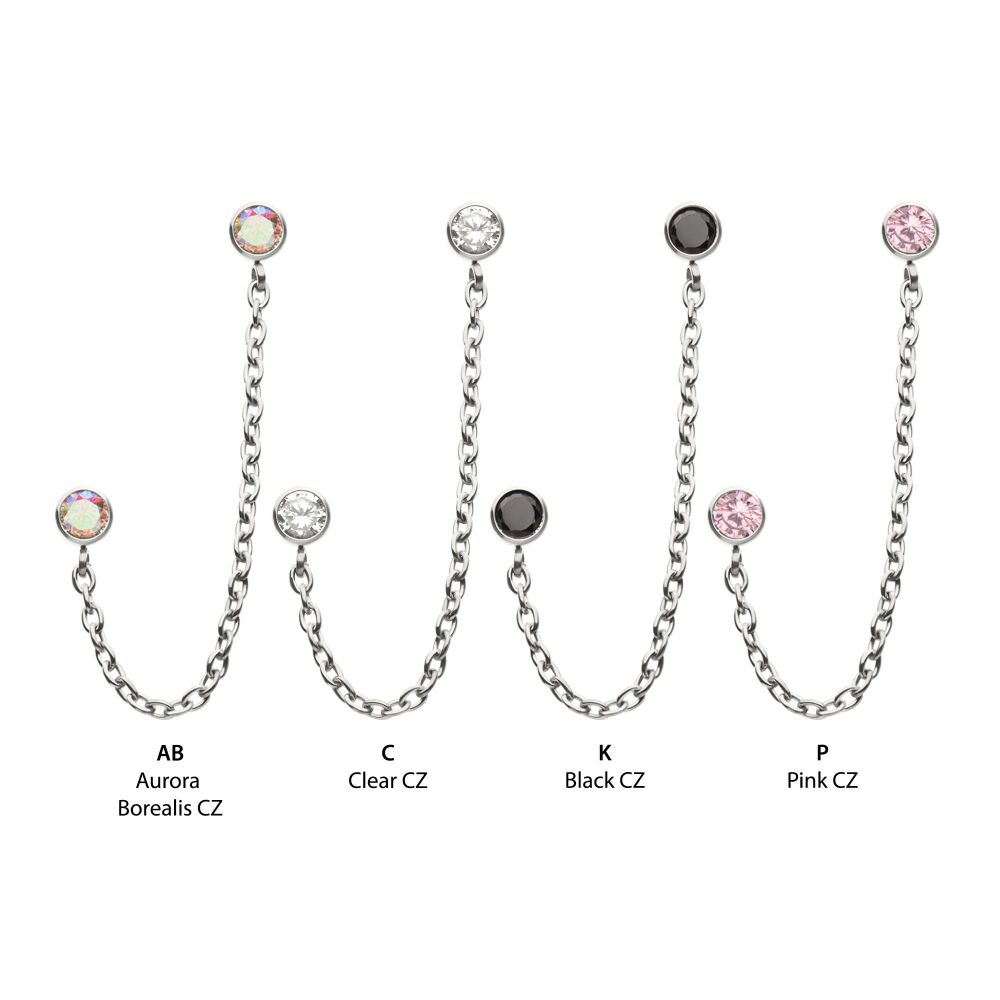 Titanium Threadless Double Bezel Set Gem Top with Rolo Chain Dangle