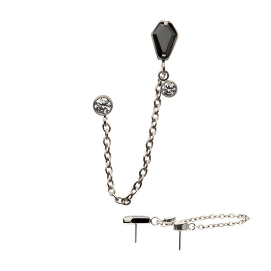Titanium Threadless Coffin Black & Duo Bezel Round CZ with Rolo Chain Dangle Tops