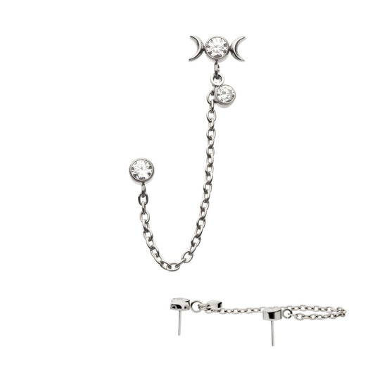 Titanium Threadless Triple Moon Phase & Duo Bezel Round CZ with Rolo Chain Dangle Tops