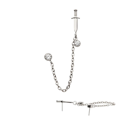 Titanium Threadless Dagger & Duo Bezel Round CZ with Rolo Chain Dangle Tops