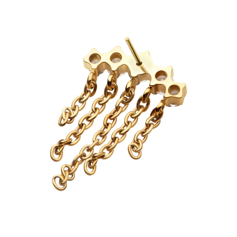 24Kt Gold PVD Titanium Threadless 5-Cluster Round AAA CZ Top with 5 Dangle Chains