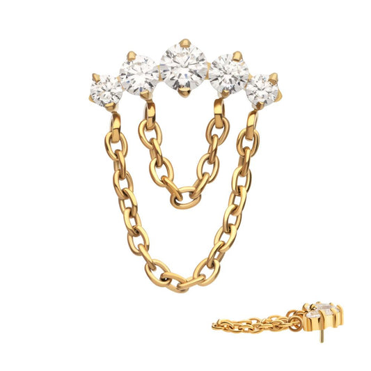 24Kt Gold PVD Titanium Threadless 5-Cluster Round AAA CZ Top with 2 Tier Dangle Chain