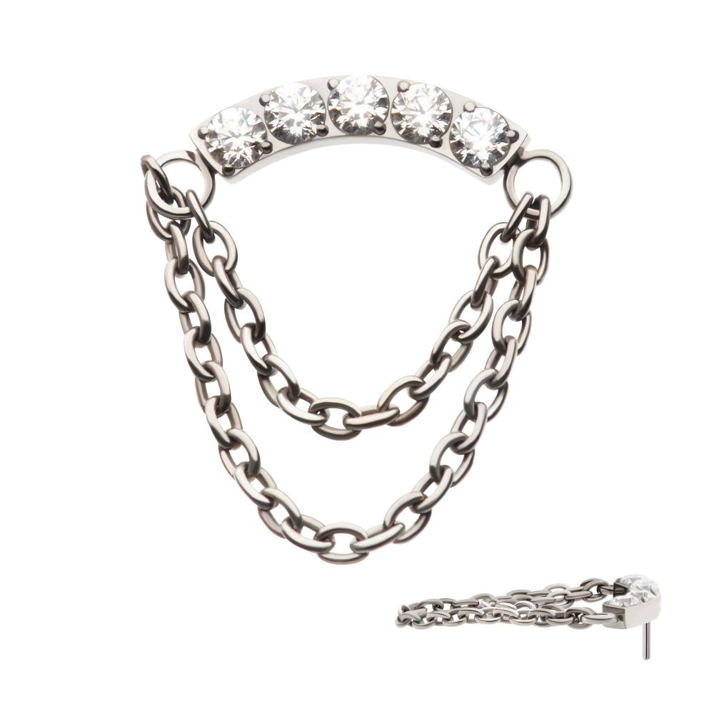 Titanium Threadless 5-Cluster Round AAA CZ Curved Bar Top with 2 Tier Dangle Chain