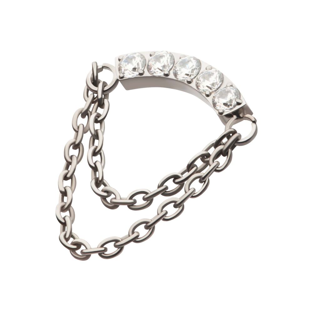 Titanium Threadless 5-Cluster Round AAA CZ Curved Bar Top with 2 Tier Dangle Chain