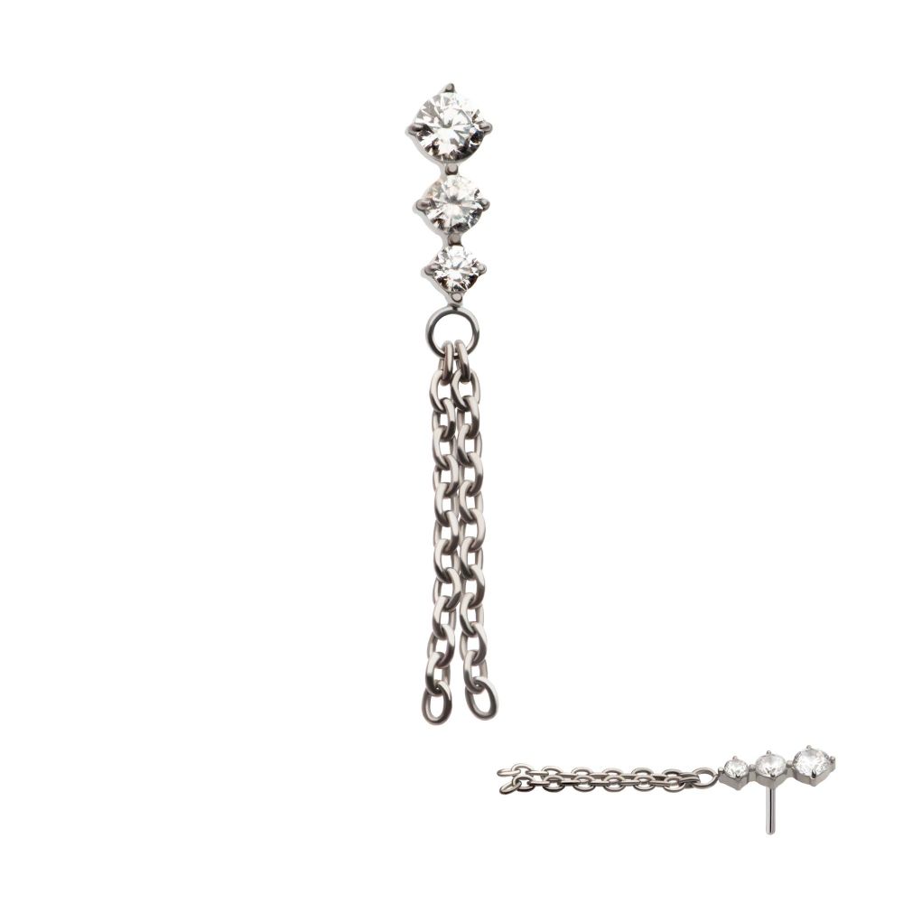 Titanium Threadless Triple Round AAA CZ Top with 2 Dangle Chains