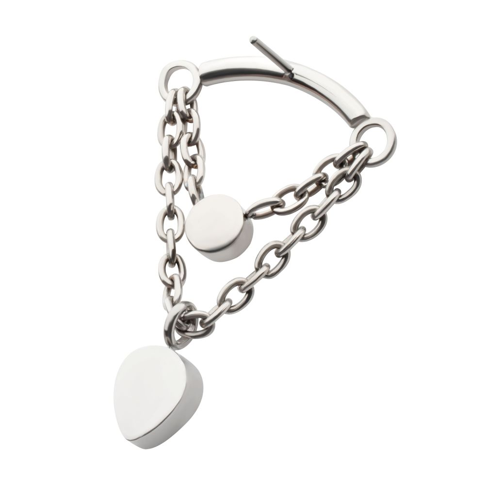 Titanium Threadless 2-Tier Dangle Chain Curved Bar Top with Bezel Round & Teadrop CZ