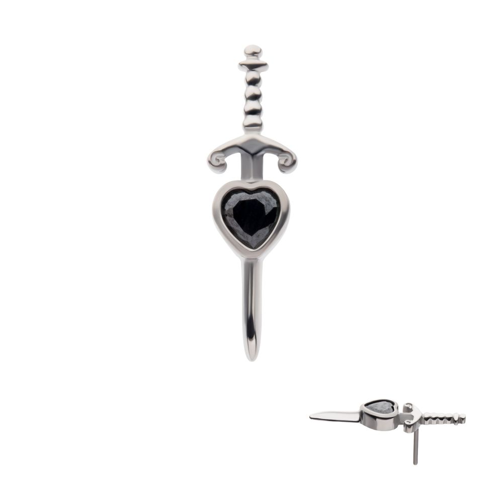 Titanium Threadless Dagger with Bezel Set Black Heart Gem Top