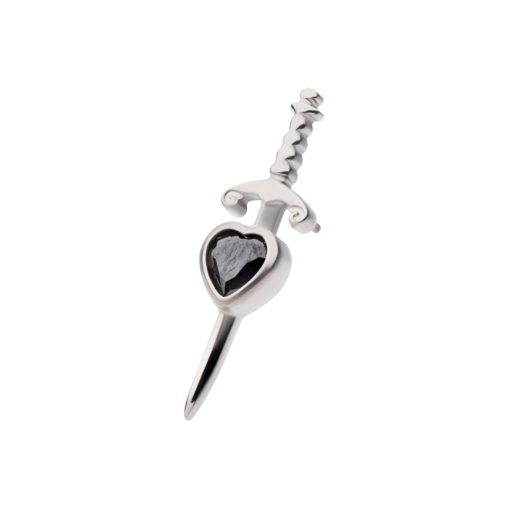 Titanium Threadless Dagger with Bezel Set Black Heart Gem Top