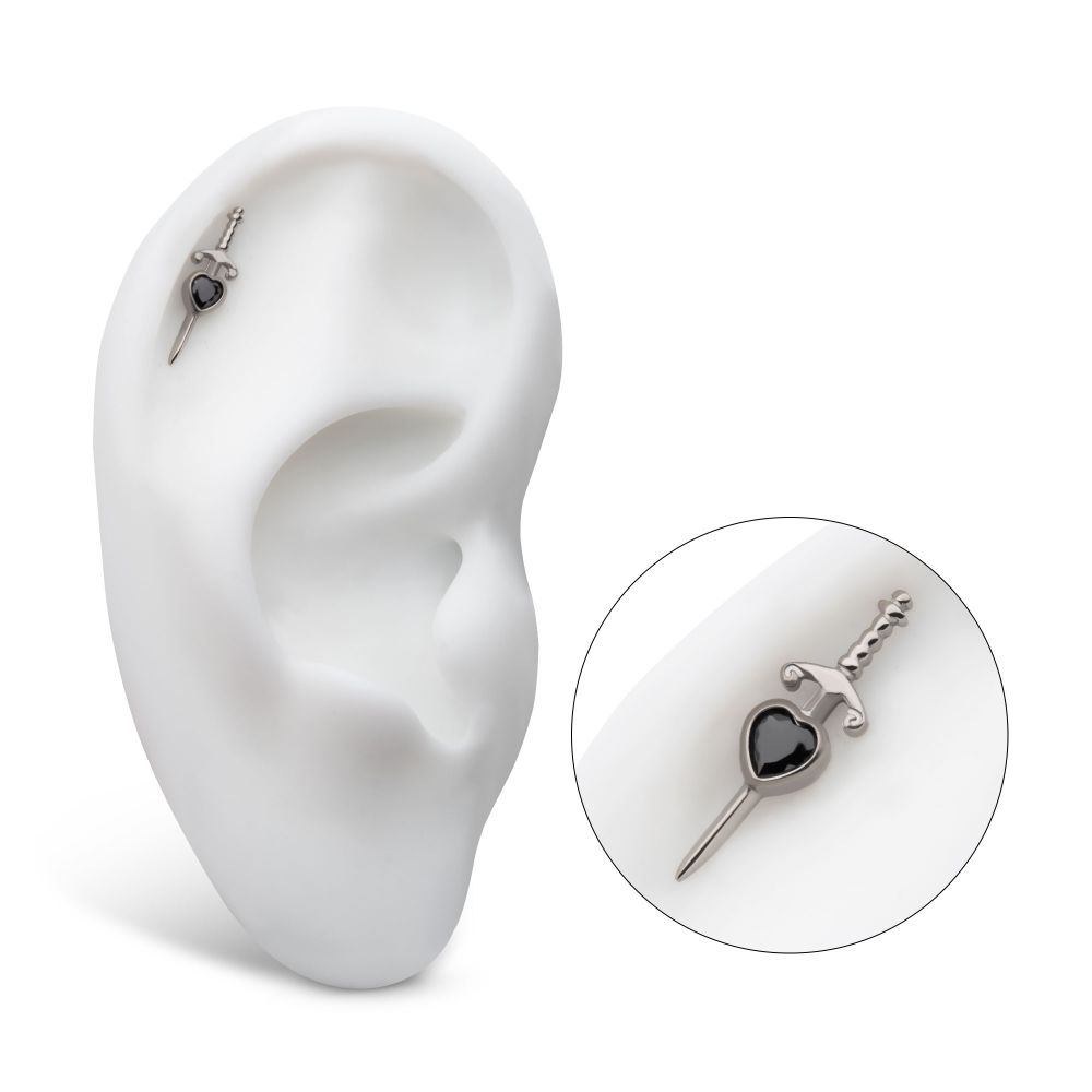 Titanium Threadless Dagger with Bezel Set Black Heart Gem Top